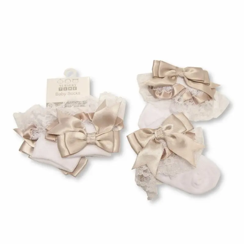 Baby Girls Taupe Ribbon and White Lace Socks - Perfect for Your Little Princess kids 0