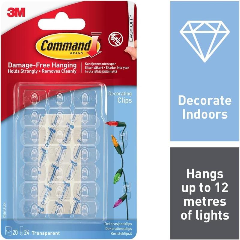 Command Decorating Clips, Pack of 20 Mini Hooks and 24 Small Strips, Transparent - Hanging Clips for Decorations and Fairy Lights, Wall Adhesive - Damage Free Lightweight Organiser Traditional Hangable 1