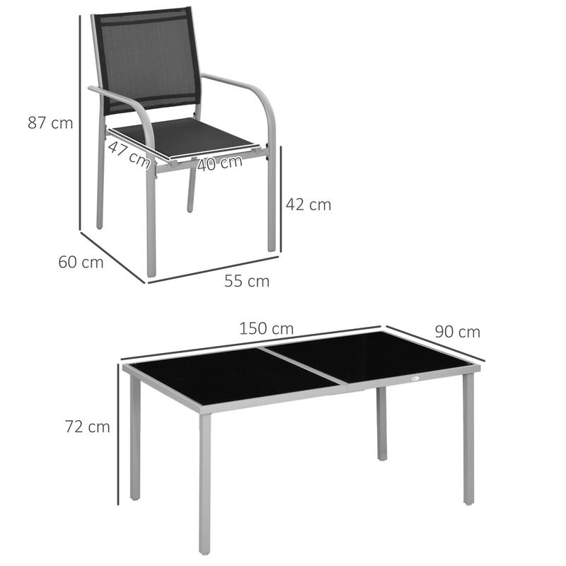 Outsunny 7 Piece Outdoor Garden Dining Set with Table and 6 Stackable Chairs, Steel Frame, Tempered Glass Top, Mesh Seats, Black 2