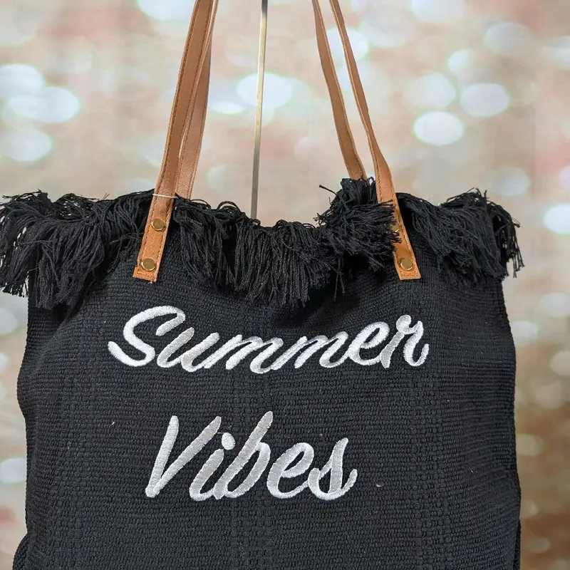 [HOE] Summer Vibes Boho TOTE BAGS BEACH BAG - Faux Leather HANDLES - Beach Laptop College Shopping Bag 3