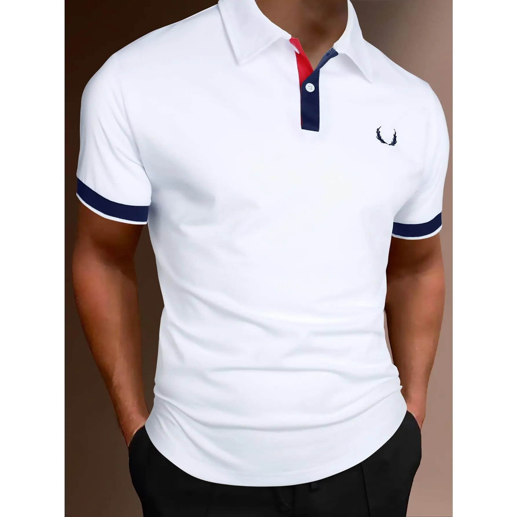 Manfinity Homme Men Contrast Trim Half Button Collar Color Block Golf Business Casual Polo Shirt For Husband Shortsleeve Menswear