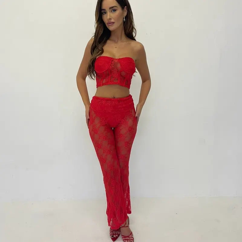 RED LACE TWO PIECE, RED CO ORD, TROUSER TWO PIECE 1