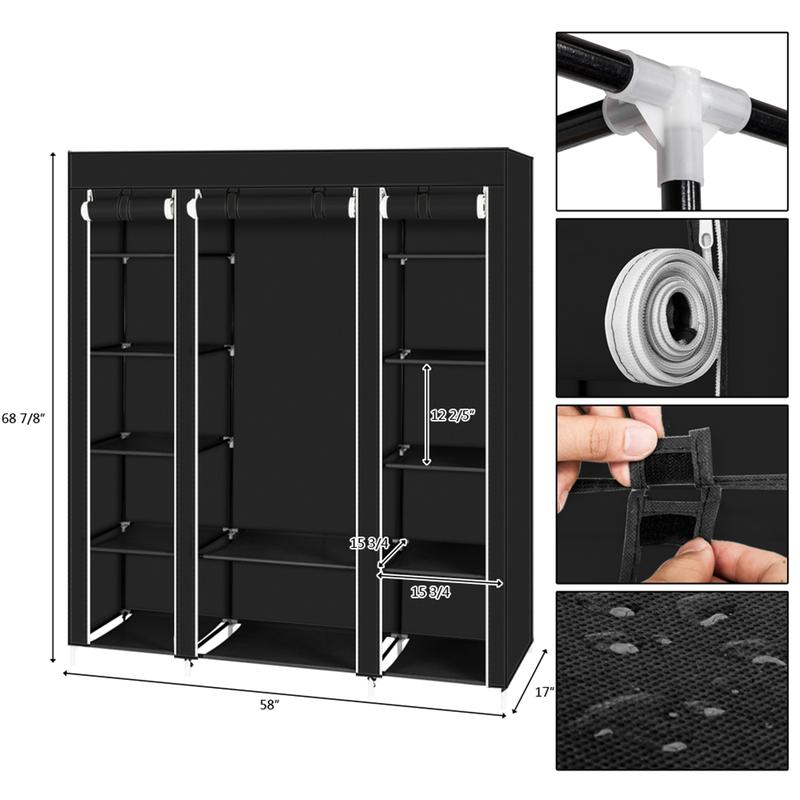 69" Portable Clothes Closet Wardrobe Storage Organizer with Non-Woven Fabric Quick and Easy to Assemble Extra Strong and Durable Black 1