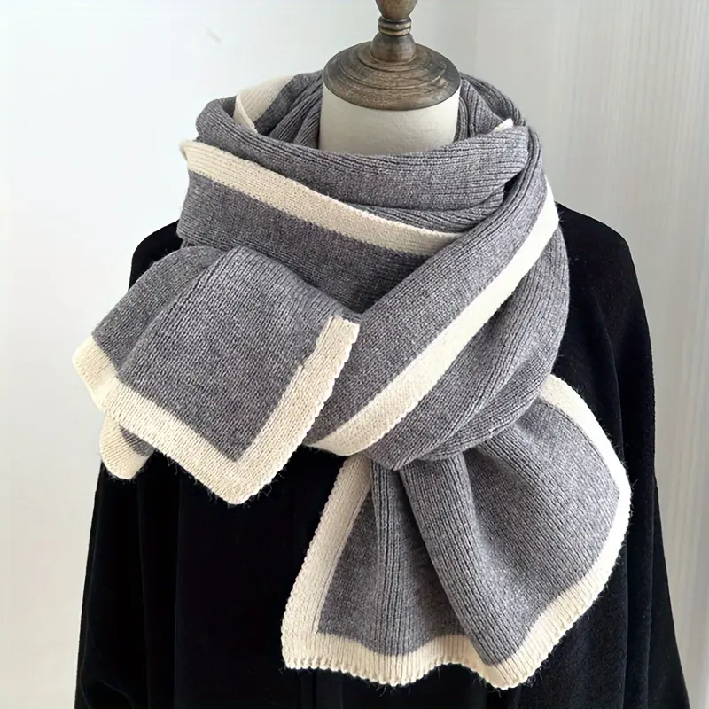 Cozy knit scarf in black & white-soft polyester, stretchy, warm neck warmer for winter-casual chic style, hand-washable, fashion accessory for men & women 2
