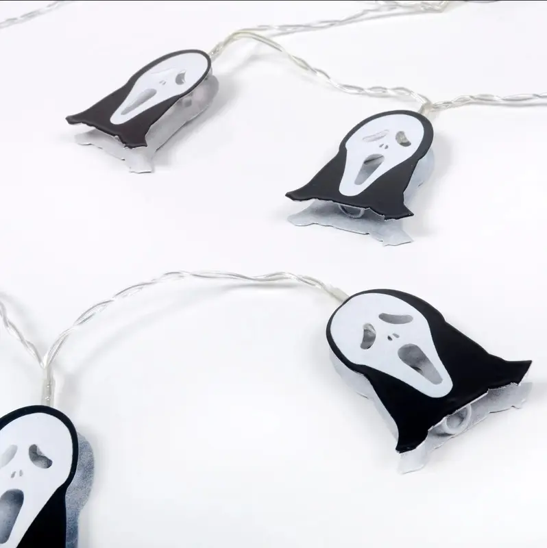 10 Ghost Face String Lights LED Halloween Party Decorations Set Steel with Transparent Battery Box Lightweight Indoors Outdoors 1
