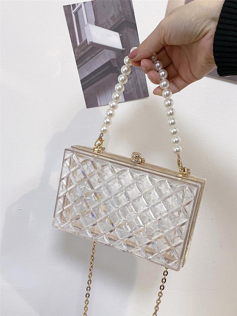 Product Introduction of NEW Pearl Handle Acrylic Mini Box Bag, Transparent Rhombus Clasp Pouch, Fashion Women's Evening Clutch Party Box Bag {Popular Gifts} 11