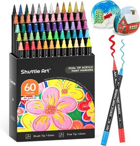 Shuttle Art 60 Colors Dual Tip Acrylic Paint Markers, Brush Tip and Fine Tip Acrylic Paint Pens for Rock Painting, Ceramic, Wood, Canvas, Plastic, Glass, Stone, Calligraphy, Card Making, DIY Crafts