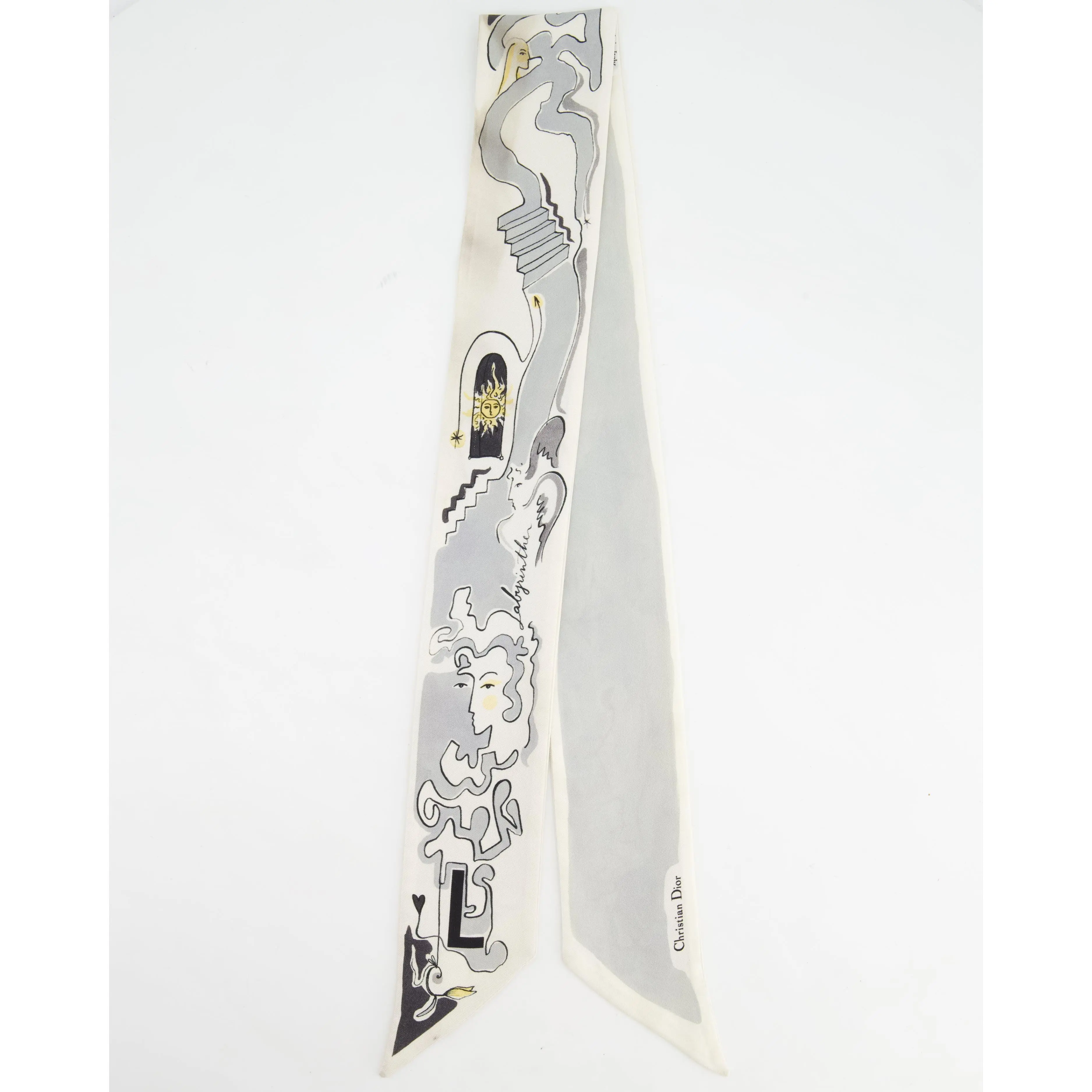 Christian Dior Mitzah ABCDior Grey, Black, White Silk Twilly Scarf with 'L' Initial Detail