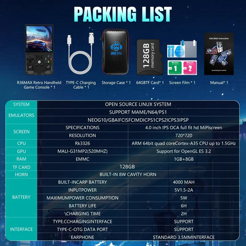 2025 New Retro Handheld Console R36max, 4-inch Large IPS Screen,4000mAh Battery,128G Memory Card,More Comfertable In-hand Design,Linux Open Source System,With Protective Case(nogame) 6