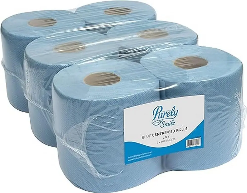 Blue Rolls 6 Pack - Purely Smile 2 Ply Tissue Roll for Wiping Surfaces & Drying Hands - 400 Sheets Strong & Ultra Absorbent Blue Roll | PS1214