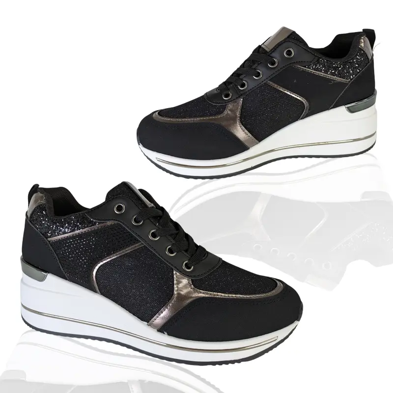 WOMENS LADIES GIRLS FOOTWEAR HIDDEN HEELS DIAMANTEE CONTRAST METALLIC TRAINERS SHOES CASUAL OUTDOOR STYLISH HIDDEN WEDGE LACE UP GYM SHINY TRENDY SHOE IN GOLD GYM SHOES WORKOUT JOGGING ACTIVEWEAR SIZES 3-8 Runner Training Sports Shoes Athletic 1