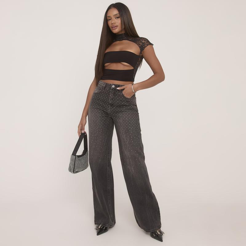 Lace Insert High Neck Short Sleeve Slashed Underbust Top 4