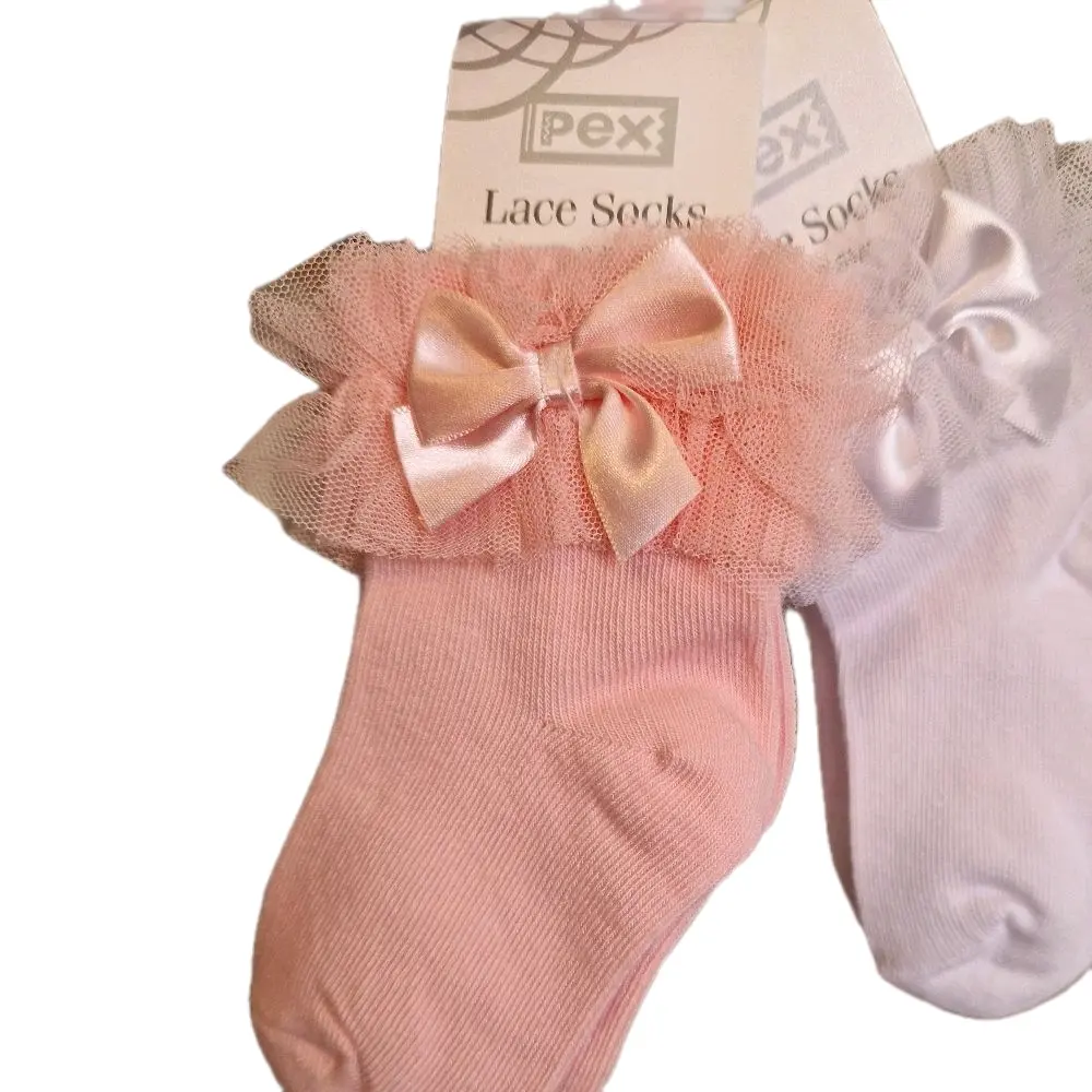 Isla Girls Lace Ankle Socks in Pink and White for Kids