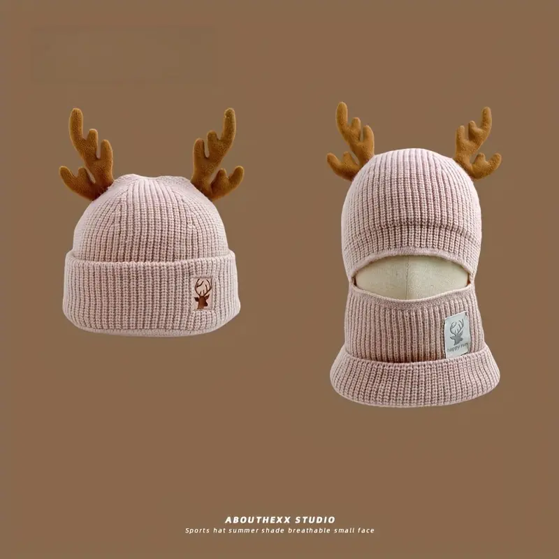Red Reindeer Antler Beanie with Integrated Scarf, Acrylic Knit Winter Hat, Thick Warm Ear Warmer, Elastic, with Hand Wash Only, for Fall/Winter Season 3