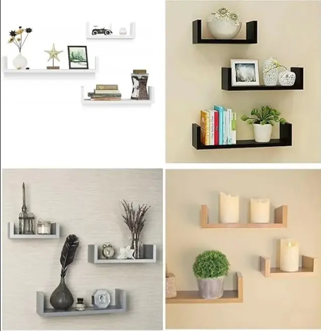 HOMION Floating Shelf Set – U Shape Wooden DIY Display Unit, Three Versatile U-Shaped Wooden Shelves In Different Sizes.