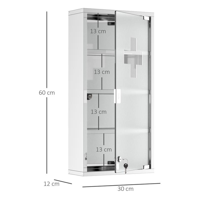 HOMCOM 4 Tier Stainless Steel Wall Mounted Medicine Cabinet Glass Lockable Door Storage Shelves Houseware Bathroom Furniture 60Hx30Wx12D(cm) w/2 Keys 2