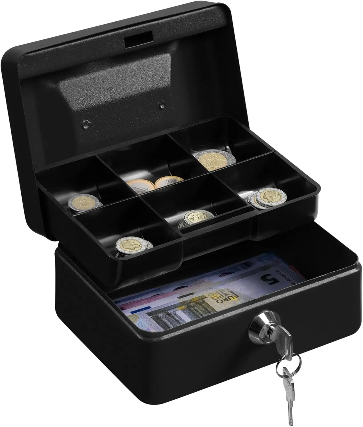 Money Box with Key - 6 inch Money Tin with Lock - Small Lockable Cash Box with Coin Tray for Petty Cash , Locking Metal Safe Box with 2 Keys - Black Matt
