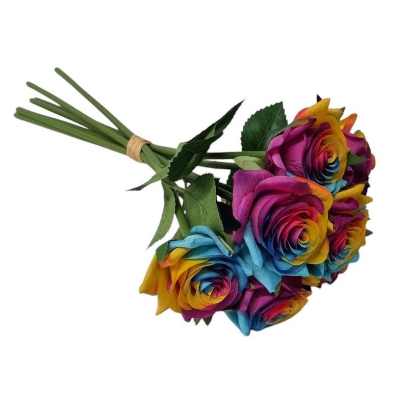 35cm fresh touch diamond artificial rainbow rose 7 stems.  Display bouquet craft home decor vase filler faux fake flowers 2