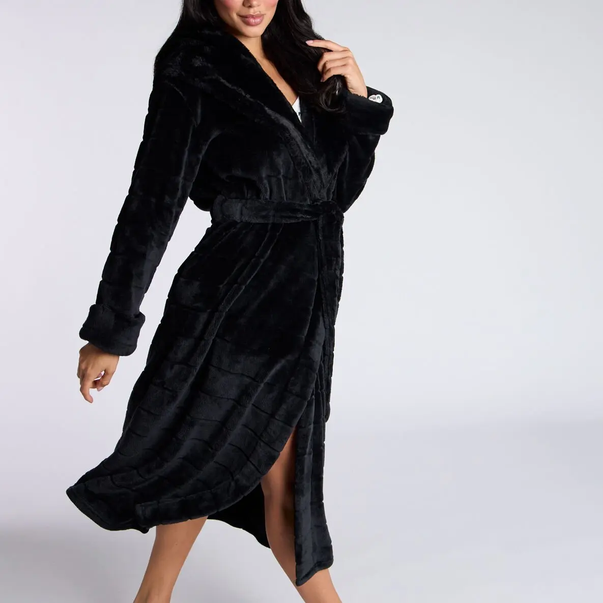 Fluffy cut fur long dressing gown