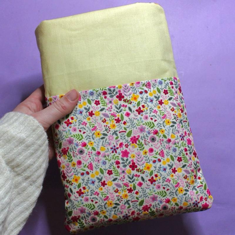 Spring Floral Book Sleeve with Yellow Contrast Fabric, Fully Lined and Padded for Protection. Pretty Wildflower Patterned Fabric on the Pocket for Storing Notebooks, Pens, etc. A Perfect Gift for any Book Lover. Kindle/Small Tablet Cover 4