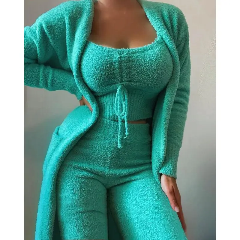2024 New Winter Women's Velvet Pajamas Set Crop Top+Long Pants+Coat 3 Pieces Suit Warm Soft Fleece Homewear Pyjamas S-3XL 0