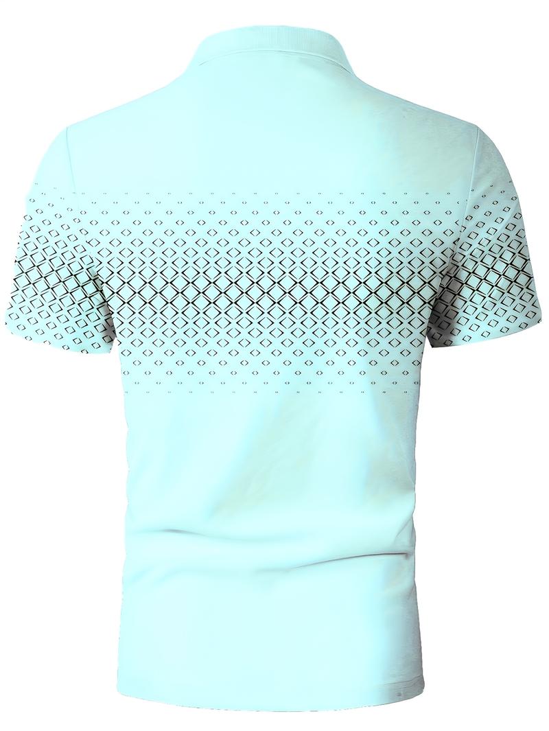 Product Introduction of Men'S Casual Short Sleeve Lapel Collar Shirt with Diamond Print, 100% Polyester Knit Fabric, Slight Stretch, Regular Fit, Spring/Fall Lapel Collar with Button Detail 6