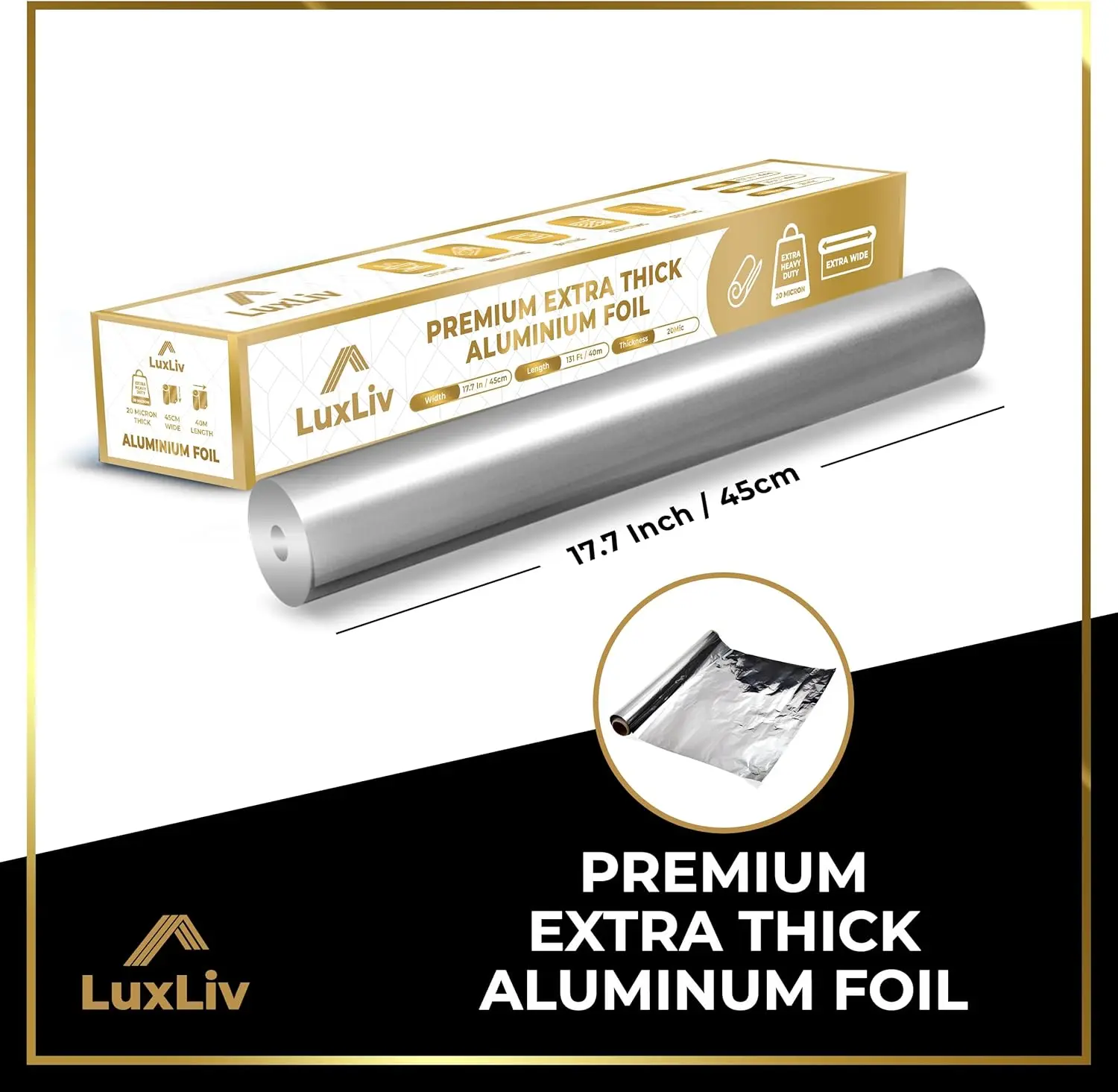 LuxLiv  45cm Extra Wide 40m Premium Heavy Duty 20 Micron Thick Kitchen Foil Catering Aluminium Tin Foil Roll Cookware Disposable