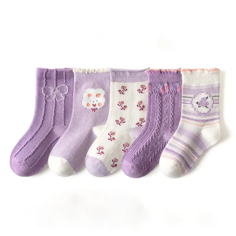 Adorable Baby Girls Purple Floral Bow Cotton Socks - Soft Breathable Purple Floral Bow Design Set of 5 or 10 Pairs - Age 1 to 8 Years Old