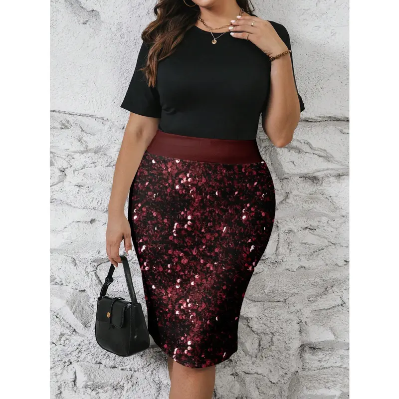 Clasi Plus Size Sequin Decorated Minimalist A-Line Skirt, For Party & Gathering Fabric Fit 4