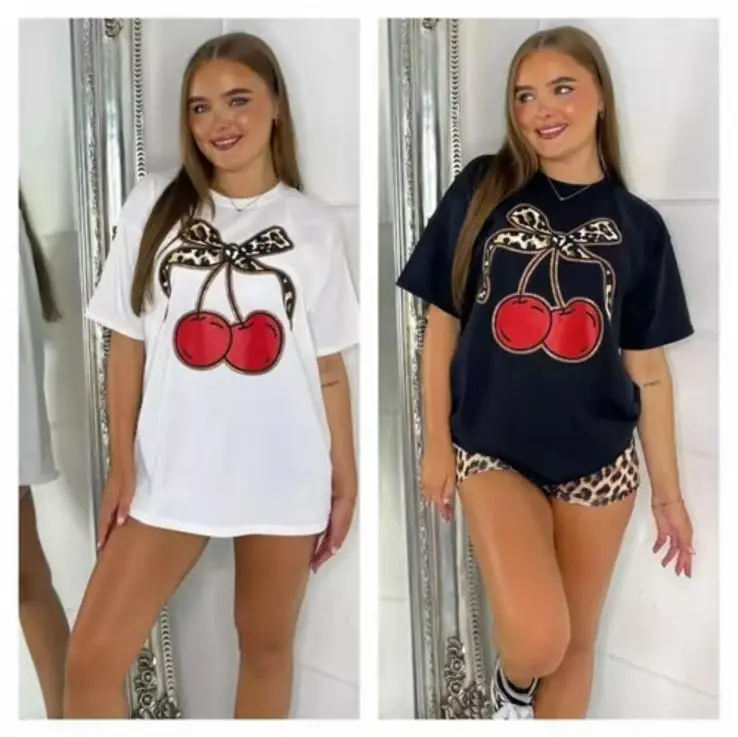 Women's Bow Leopard Cherry Oversized T-Shirt Comfortable Top