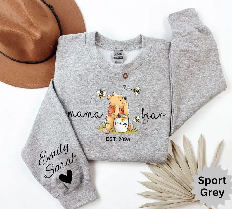 Custom Mama Bear Hoodie and Sweatshirt, Mother Day Gift Shirt, Winnie the Pooh Mothers Days Gift, Mama Est with Kid Name on Sleeve Shirts 3