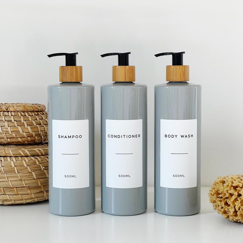 Refillable Grey Plastic Bottle With Personalised White Waterproof Minimalist Label And Black Or White Bamboo Pump - Perfect For Home, Kitchen And Bathroom Organisation - Eco Friendly And Sustainable Dispensers 8