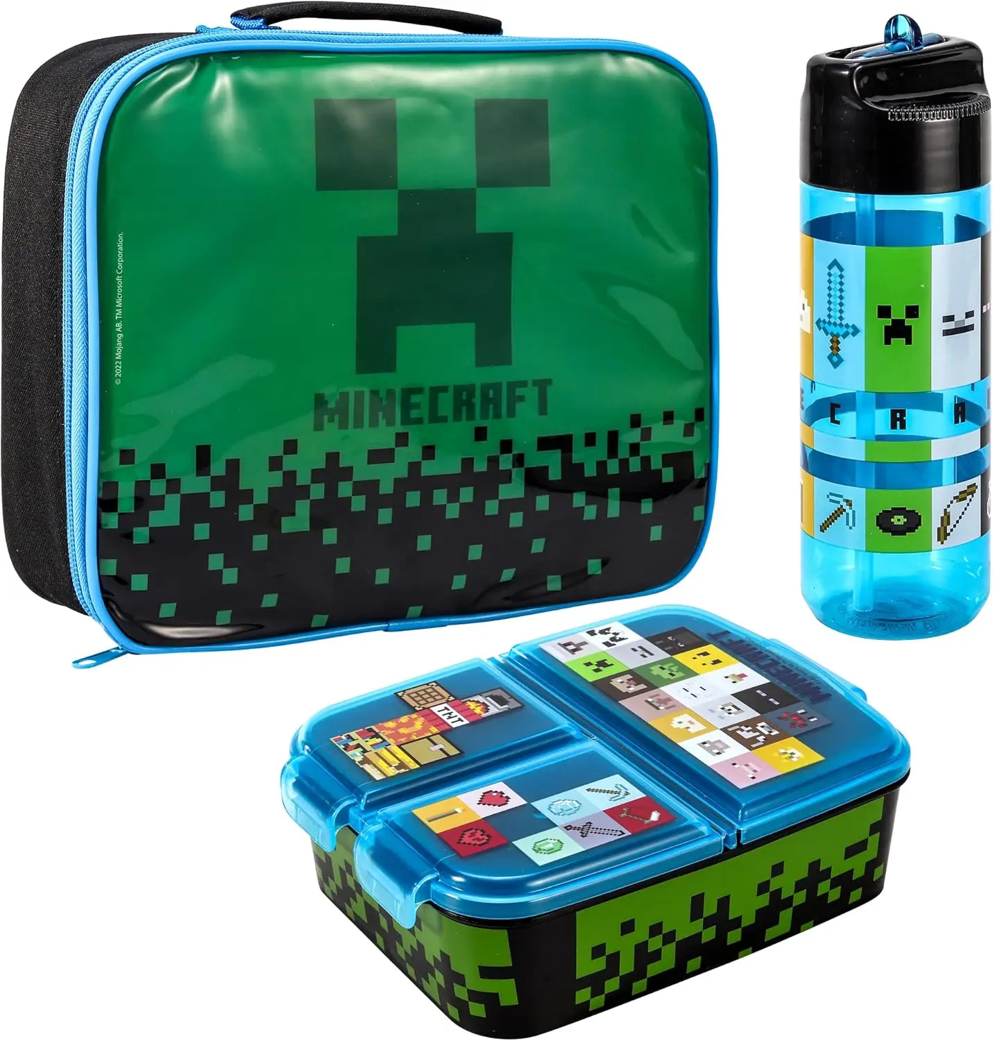 Minecraft Kids Childrens Lunch Box Set – Insulated Lunch Bag, Multicompartment Lunch Box & 540ml Water Bottle - School Travel Lunch Food Set, BPA Free Tableware