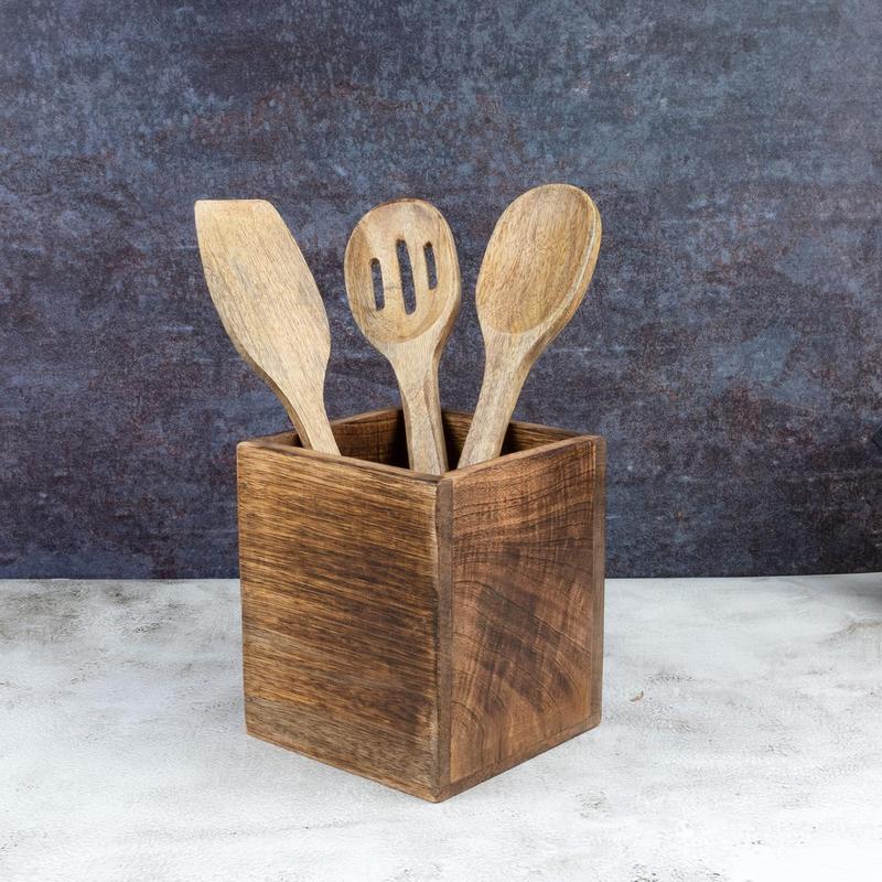 Mango Wood Burning Finished Kitchen Utensil Holder for Countertop, Utensil Holder Container for Kitchen Cooking Utensil. (12.7cm x 12.7cm x 15.24cm) 4
