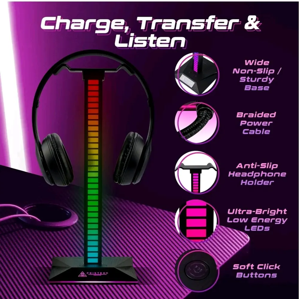 PrisTeam Gaming Headphone Stand And USB Hub - RGB Headset Stand PC Desk Accessories For Gaming - Works With PC, Xbox, Playstation And Nintendo - Gaming Headphones Holder - Gaming Accessories Lights Plastic