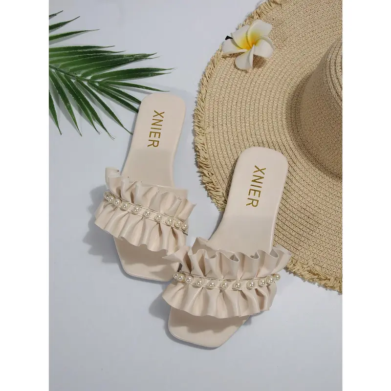 Women Faux Pearl Decor Ruffle Trim Flat Sandals, Fashionable Beige Slide Sandals For Summer Valentines 1