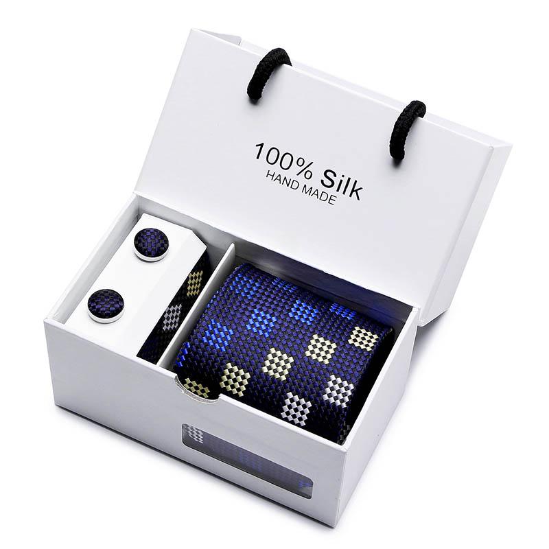 2023 100% Silk Jacquard Necktie White Geometric Tie Hanky Cufflink Set Ties For Men Gravatas Business Wedding Party Wholesale 5