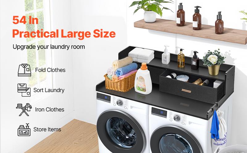 Product Introduction of VEVOR 2 Drawers Washer Dryer Countertop with 2-Tier Shelf, 54" x 27" Wooden Washer and Dryer Countertop with Non-Slip Pads, Water-Resistant Laundry Topper for Laundry Room Organization, Black 0