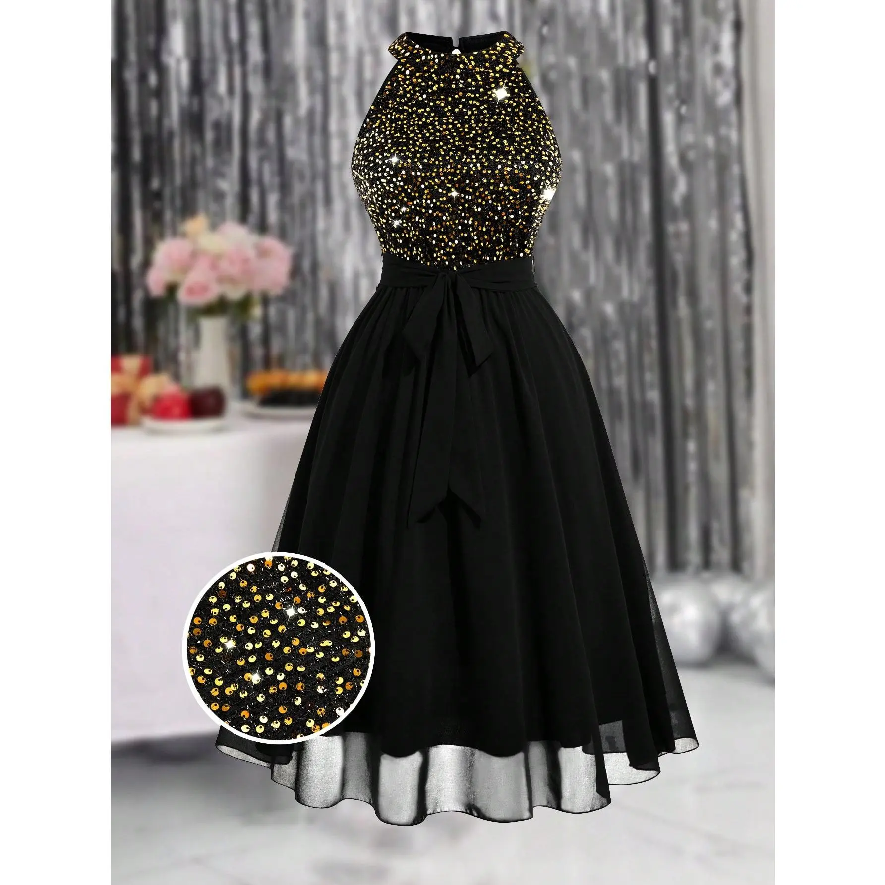 Clasi Plus Size Women Sleeveless Sequin Patchwork Elegant Dress Maxi Women Outfit Formal Womenswear