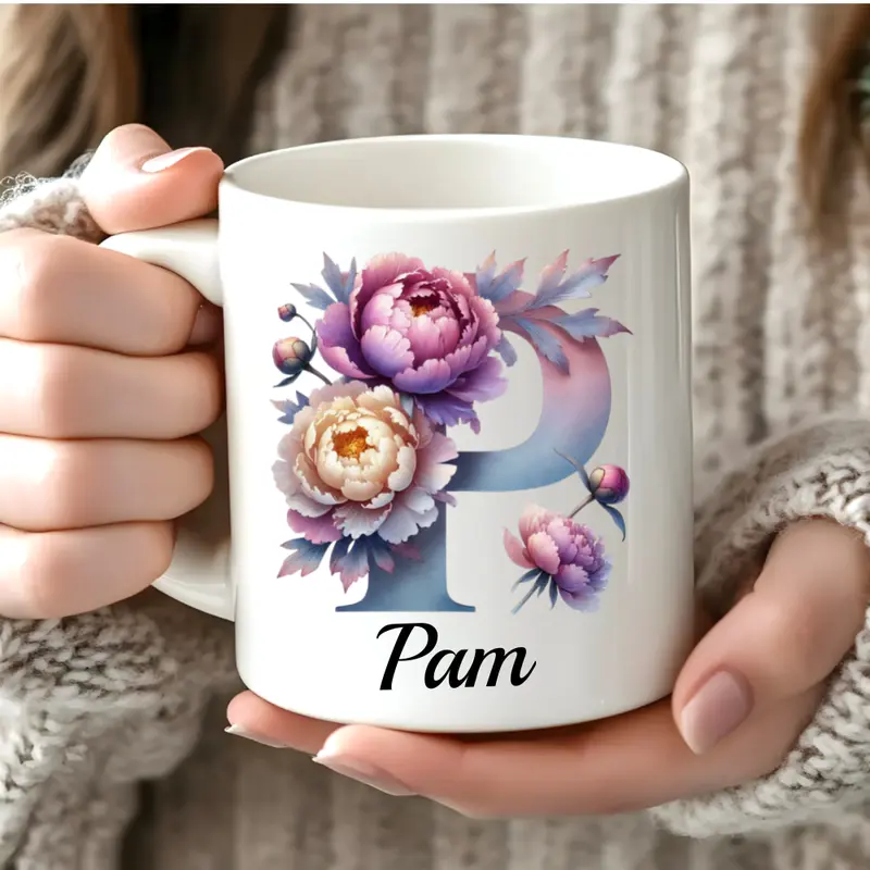 Personalised Mug Cup Peonies Beautiful Floral Initial Name Tea Coffee Boxed Gift Gifts for Her Peony Flowers 3
