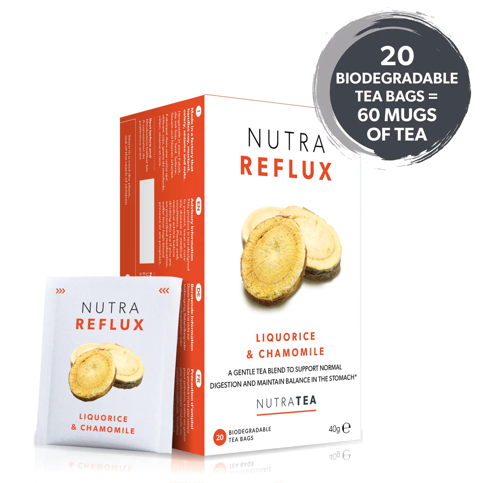 NutraTea - NutraReflux Herbal Tea - Digestion Support Tea | Natural Acid Reflux Tea - 20 Biodegradable Tea Bags (60mugs)