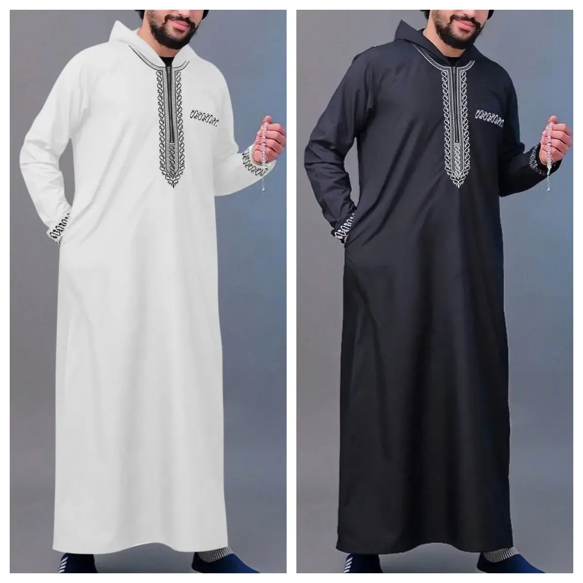New Men's Loose Hooded Robe Luxury Embroidered Long Sleeve Muslim Clothing Robe Juba Sobi Dubai Traditional Men's Robe Men's Clothing