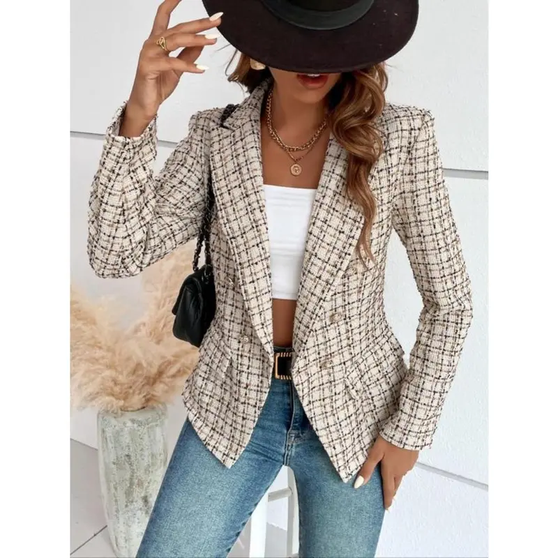 Women's Plaid Print Double Button Lapel Blazer, Casual Long Sleeve Outerwear for Fall & Winter, Ladies Clothes for Work Office Business 8