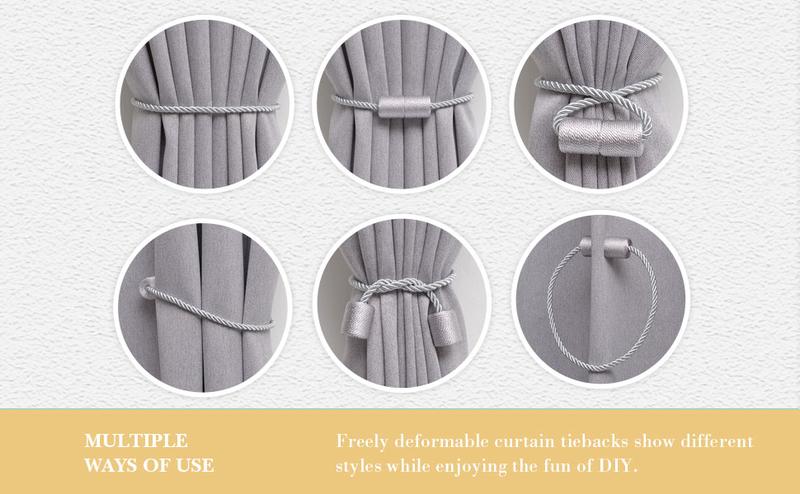 Product Introduction of Pretty Jolly 2 Pack Magnetic Curtain Tiebacks 16 Inch Handmade Weave Side Rope Curtain Holdbacks Convenient Decorative Cylinder Curtain Drape Tie Backs for Home & Office Window Drapery (Grey) 12