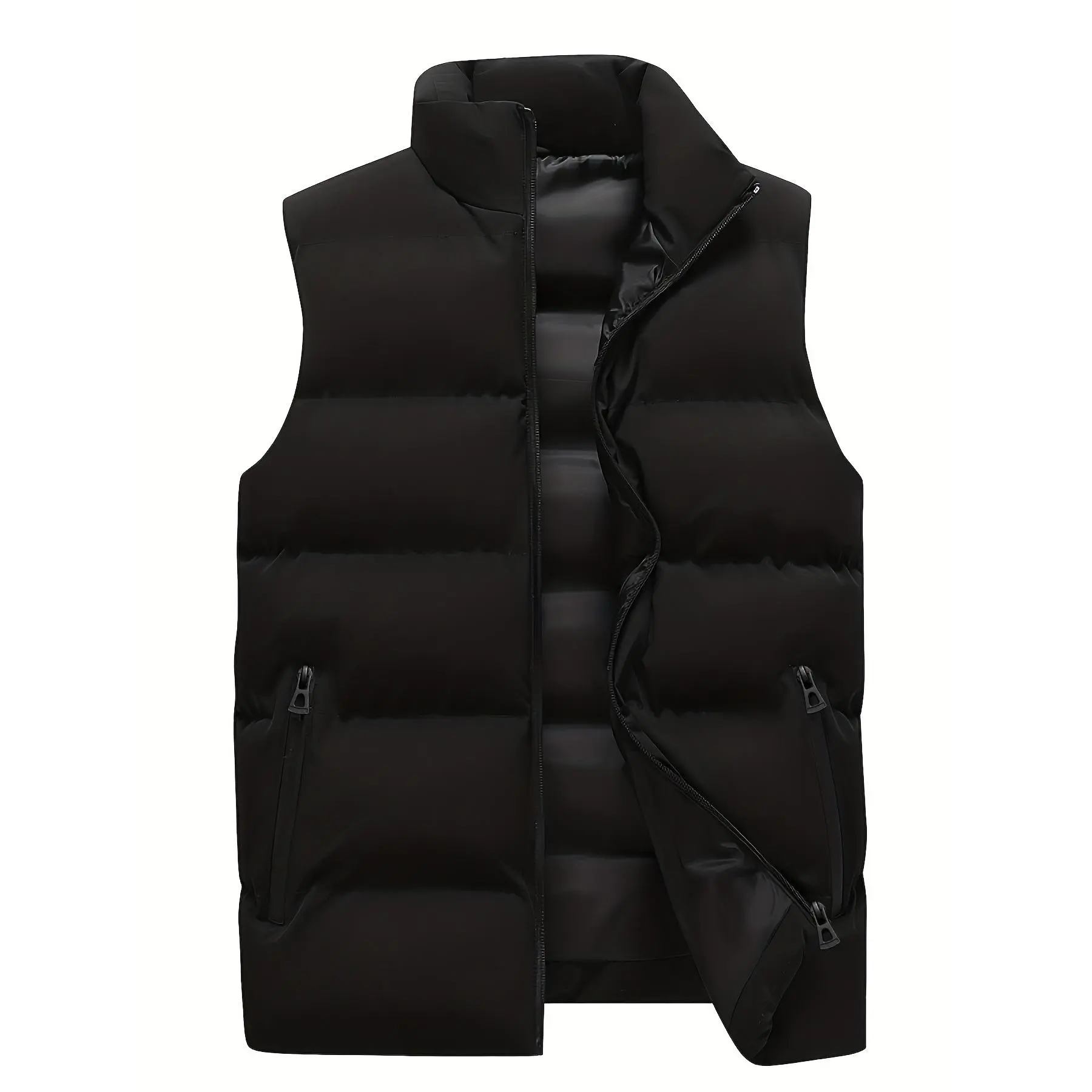 Warm Winter Vest, Men's Casual Zipper Pockets Stand Collar Zip Up Vest For Fall Winter