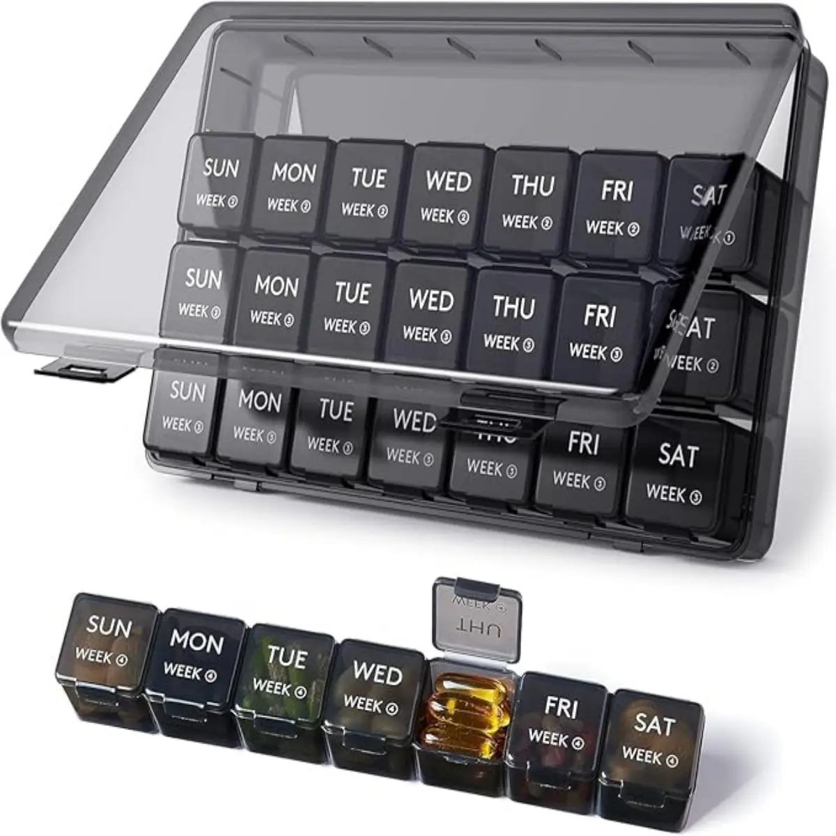 Monthly Pill Box Organiser, 28 Day Pill Box Organiser by Week,4 Week Dosette Box for Pills, Vitamin, Fish Oil and Supplement– Ideal for Travel,Portable Dustproof Pill Case Container Healthcare Tablet Transparent Aid