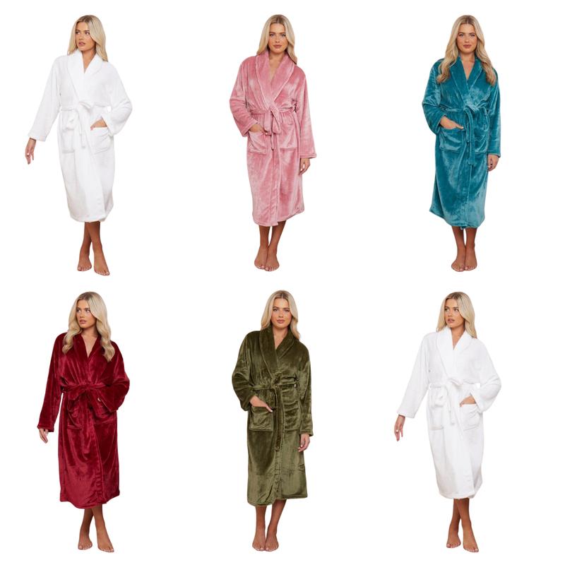 Product Introduction of Plain Bathrobe Flannel Fleece Dressing Gown Super Soft Warm & Cozy Bathrobes With Front Pocket & Shawl Collar Dressing Gowns Womenswear Elegance Long Sleeves Nightwear Women Comfort Loungewear Lady Underwear Basic Long sleeves Minimalist robes Longsleeves 2