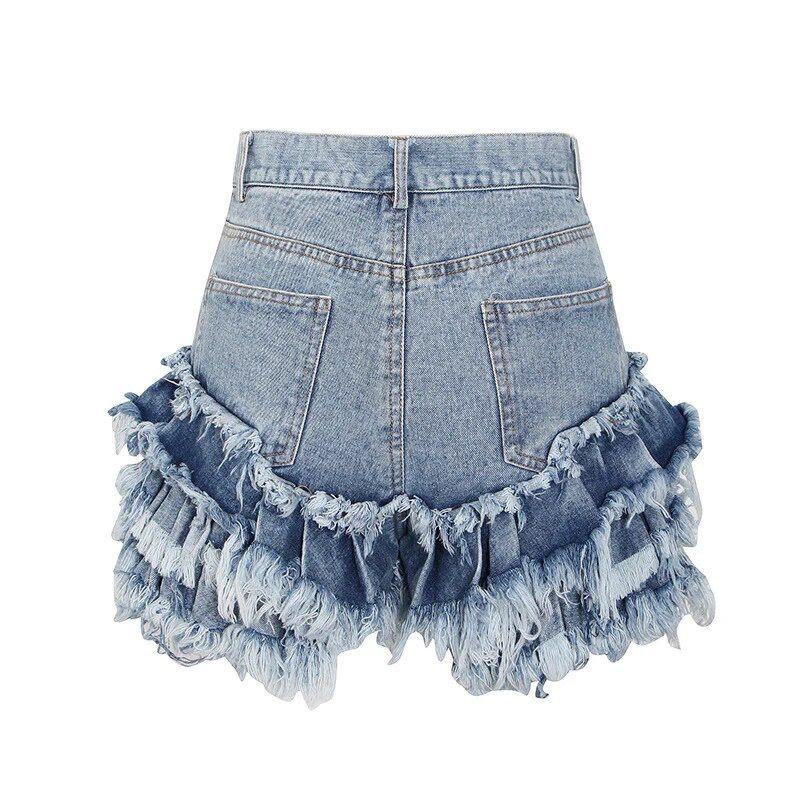 [IRIS ROSE BOUTIQUE] Petite Womenswear / Girlswear Distressed Ruffle Denim Shorts With Pockets , Casual Breathable Outfit 1