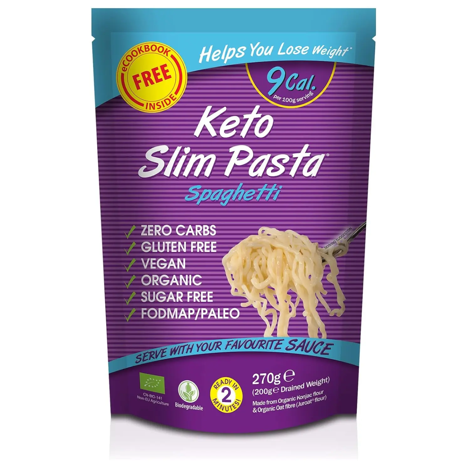 Eat Water Slim Pasta Spaghetti - Shirataki, Zero Carbohydrate & Sugar Free Diet, Made from Organic Konjac Flour, Keto Paleo Diet and Vegan, Low Calorie Food 270 grams