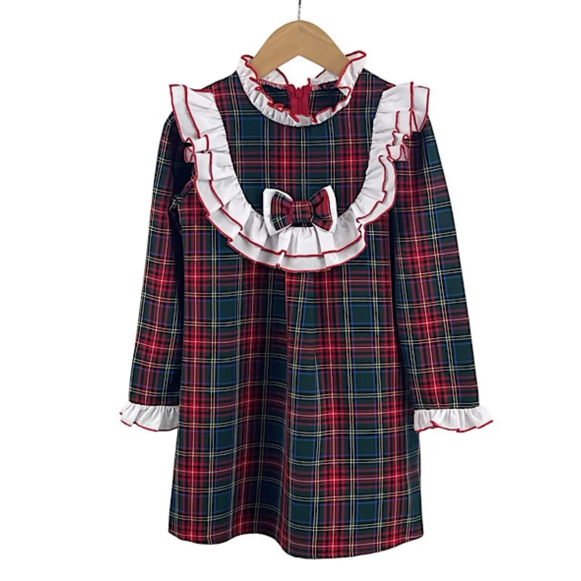 Girls Red/Green Tartan & White Ruffle Frill Bow Christmas Dress